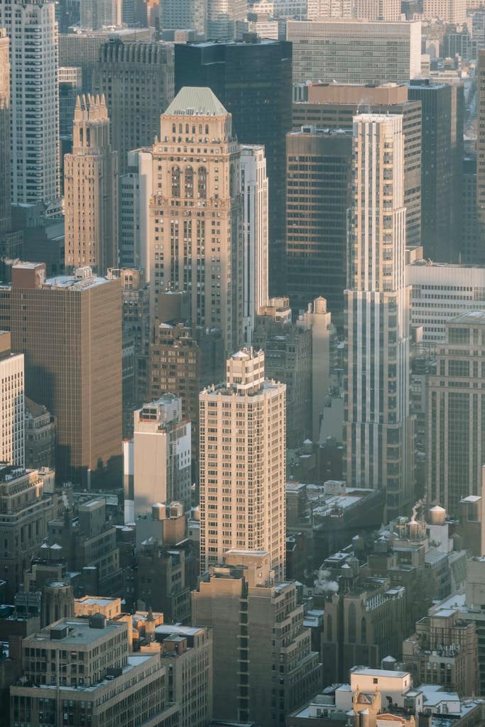 High business towers and residential buildings located on streets of modern district of New York